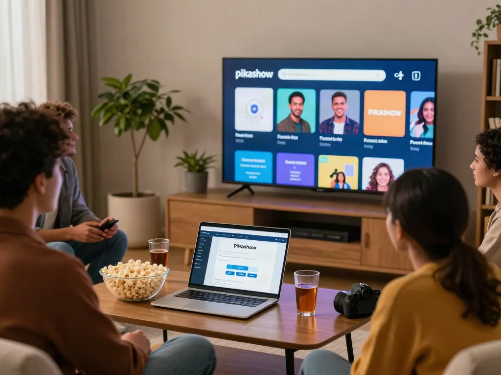 Download here for free streaming on Pikashow, friends enjoying a movie night.