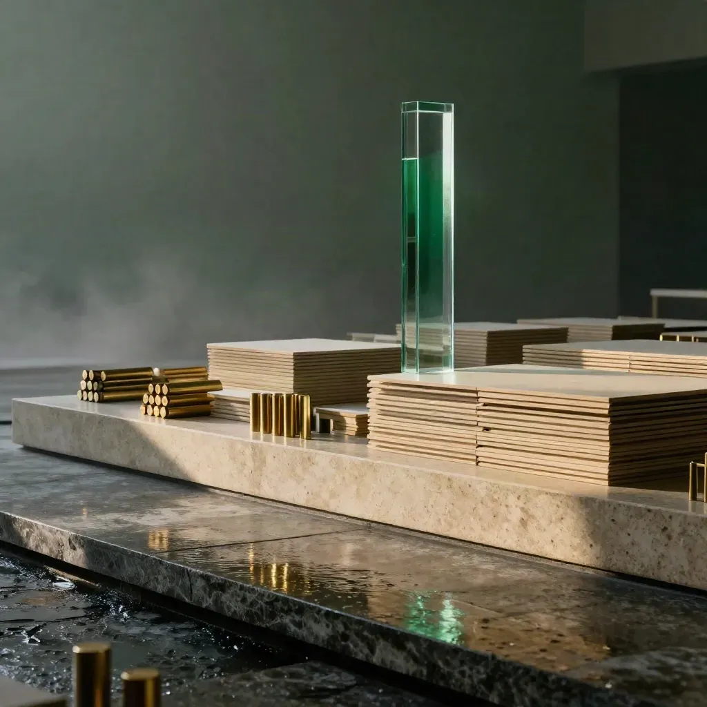 Consultancystudio met travertijn, glas en brass in dramatisch licht na regen.