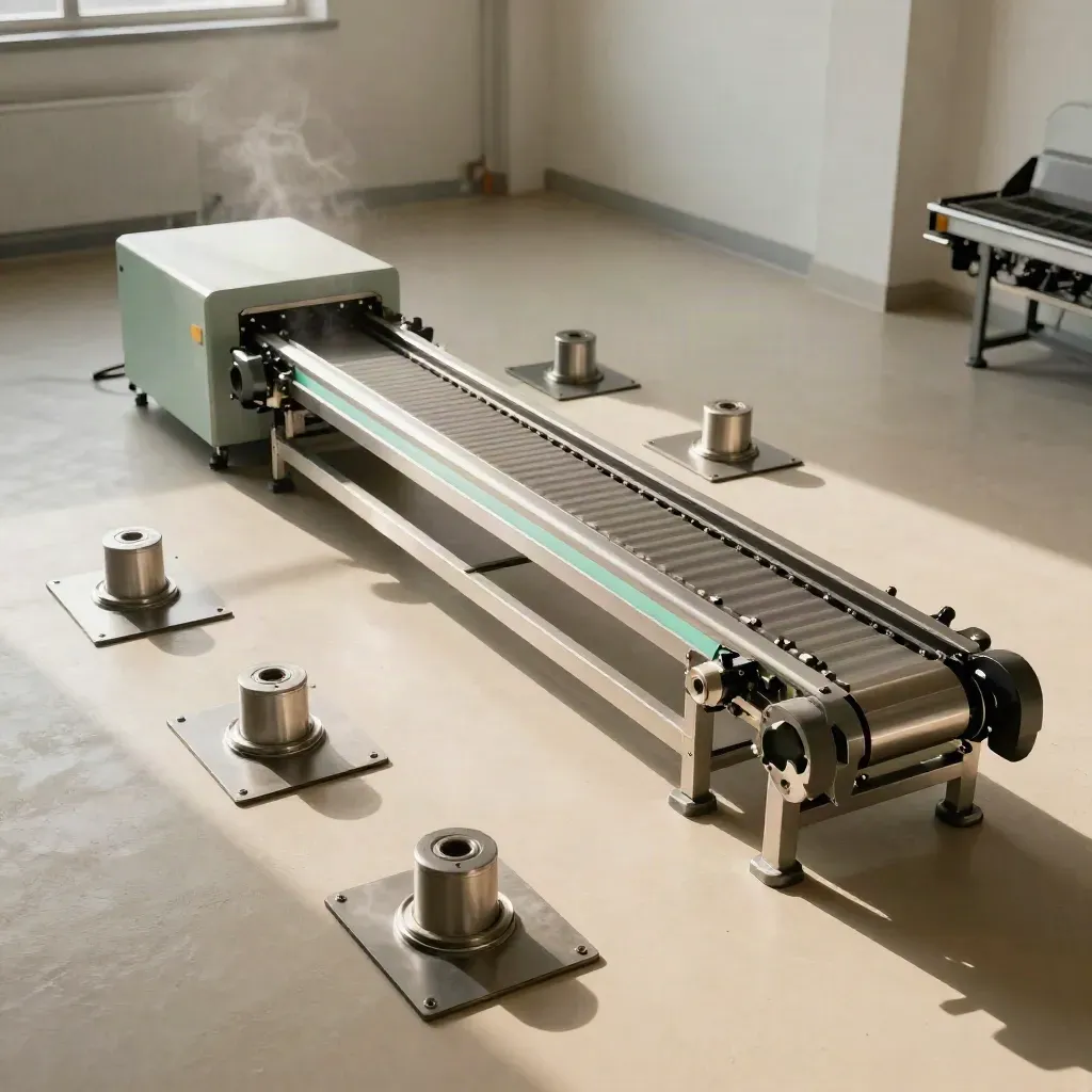 Opgeschoonde productieruimte met één machine en zes weggehaalde stations in koel licht.