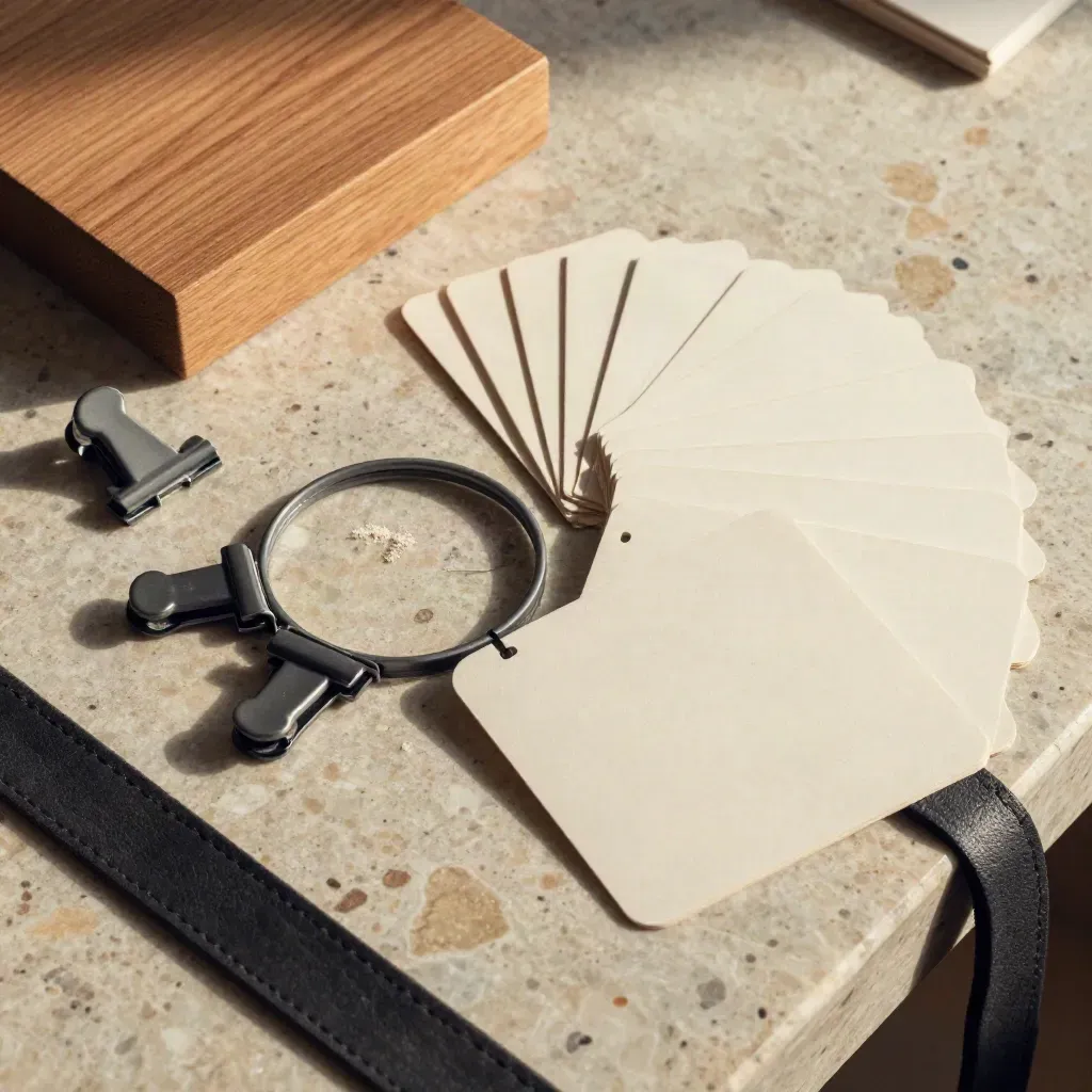 Bovenaanzicht van houten processtenen, clips en sessiekaarten op travertin.