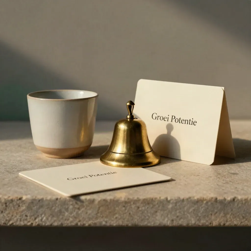 Intieme intake-set op stenen plank met kaarten, kopje en brass bell.
