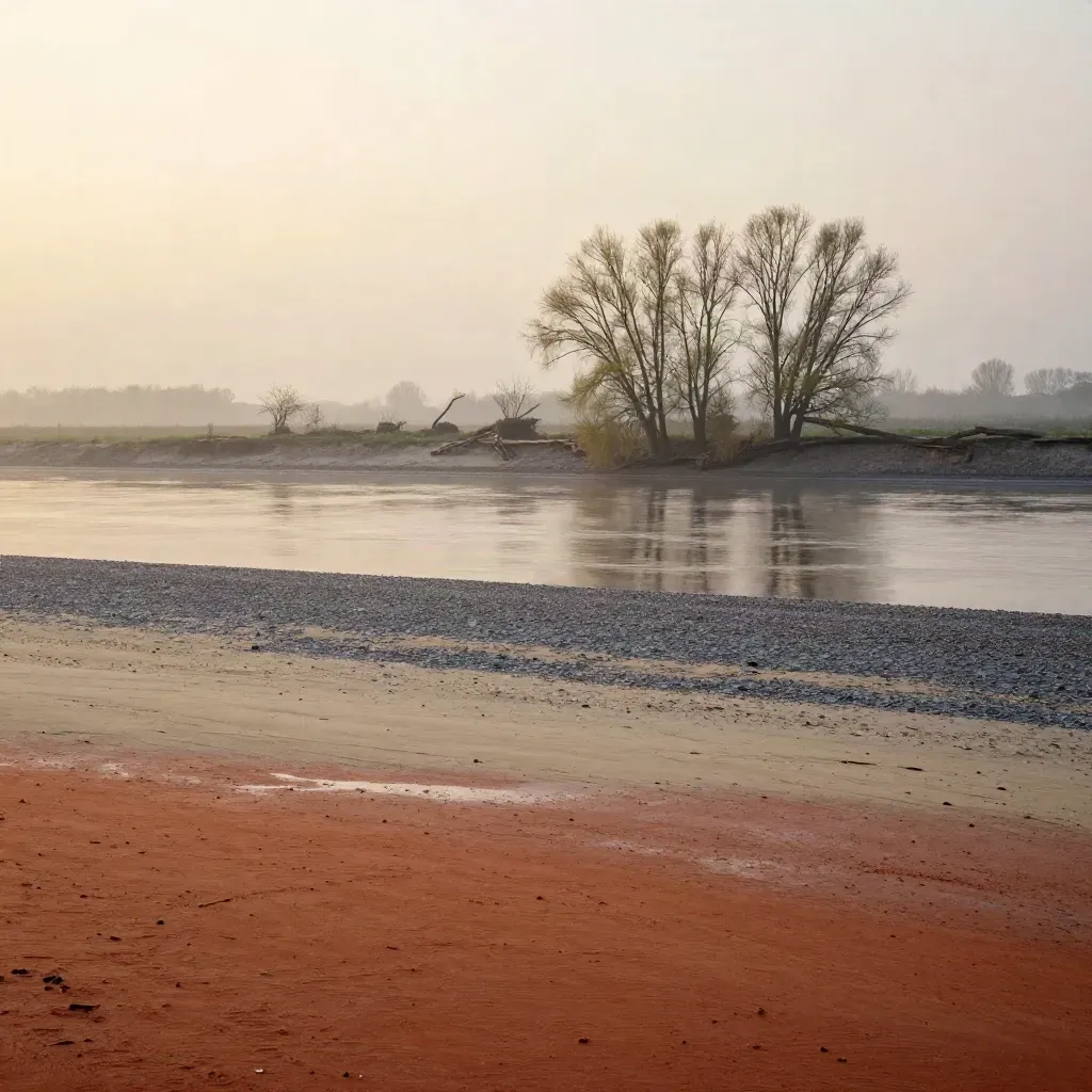 Mistige Gelderse rivieroever met lage dijk, wilgen en stil water bij schemerlicht.